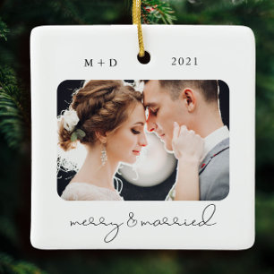 Modern script elegant Merry Married Wedding Foto Keramisch Ornament