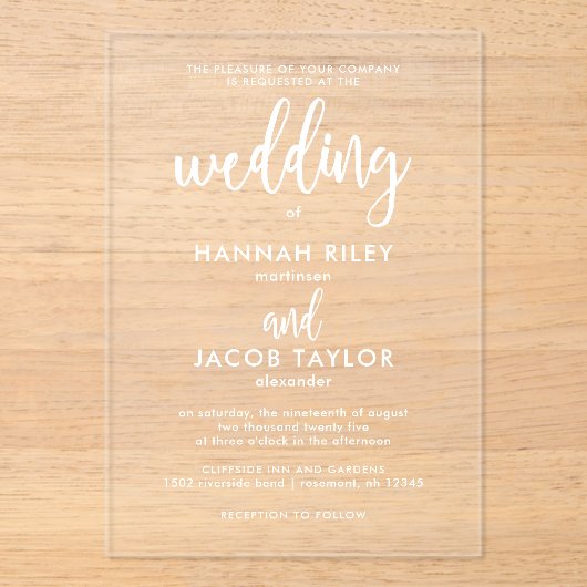 Modern Script Elegante Witte Huwelijk Acryl Uitnodigingen (Voorkant)