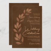 Modern script en falletbladeren Chestnut Brown Wed Kaart (Voorkant / Achterkant)