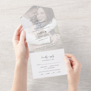 Modern Script Faded Photo Weddenschap All In One Uitnodiging