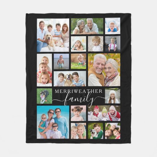 Modern Script FAMILIE 19 Photo Collage Zwart Fleece Deken (Voorkant)