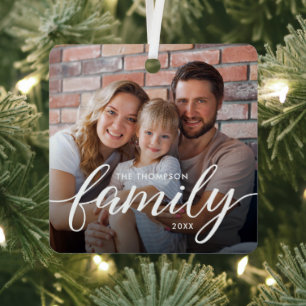 Modern Script Familie Foto Kerst Persoonlijk Metalen Ornament