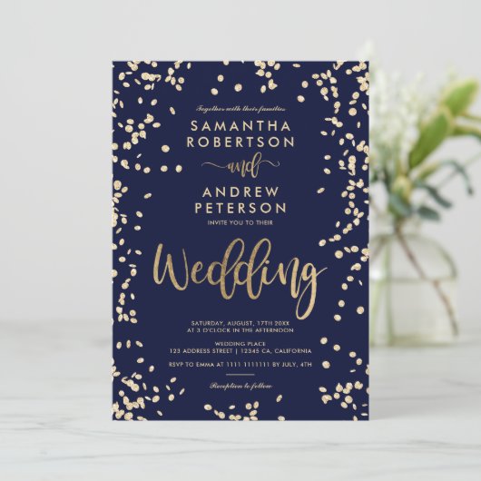Modern script faux goud confetti navy blauw bruilo kaart (Staand voorkant)