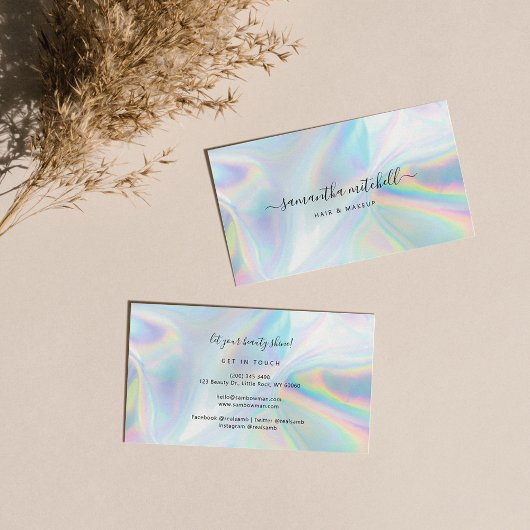 Modern script Faux Holographic Beautician Makeup Visitekaartje