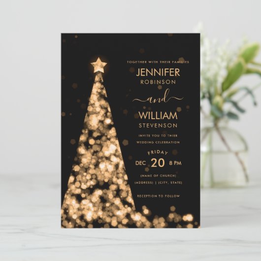 Modern Script Feestelijke Gouden Boom Kerstbruilof Kaart (Staand voorkant)