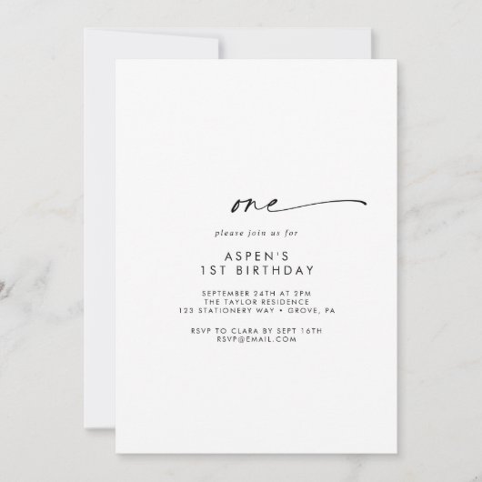 Modern Script First Birthday Party Invitation (Devant)