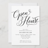 Modern Script Flourish, Zwart Open Huis Feest Kaart (Voorkant)