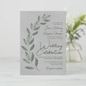 Modern Script Forest Green Leaves op Grey Wedding Kaart (Staand voorkant)