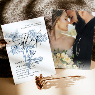 Modern Script Foto Blauwe Bloemen bruiloft Kaart