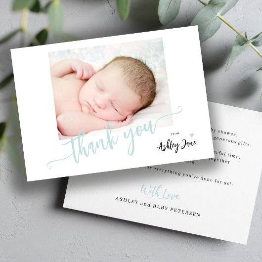 Modern script foto boy baby shower dank u bedankkaart