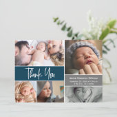 Modern script Foto Collage dark blue baby shower Bedankkaart (Staand voorkant)