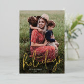 Modern Script Foto Prettig Kerstfeest Folie Feestdagenkaart (Staand Voorkant)