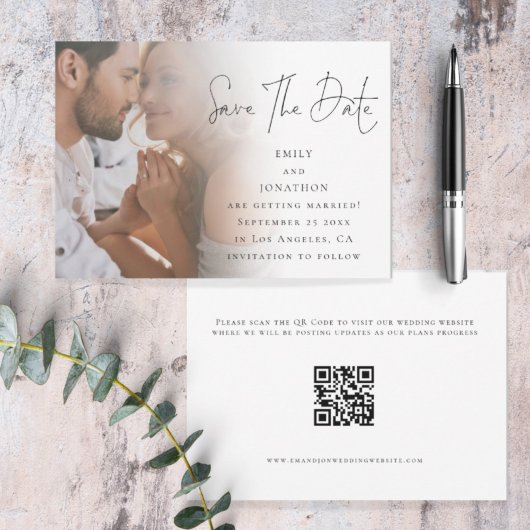 Modern Script Foto QR Code Trouwkaart Save The Dat Save The Date