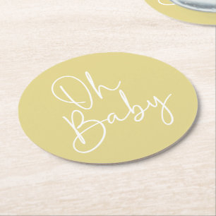 Modern Script Geel Oh Baby Eenvoudig Baby shower Ronde Kartonnen Onderzetter