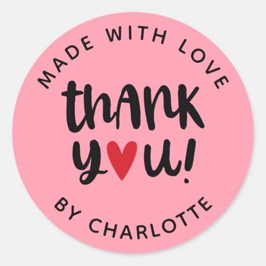 Modern script gemaakt met liefde dank u ronde sticker (Voorkant)