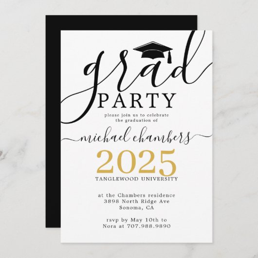 Modern Script Gold Black Graduation Party Invitati Kaart (Voorkant / Achterkant)