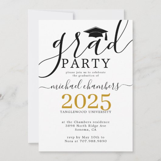 Modern Script Gold Black Graduation Party Kaart (Voorkant)
