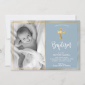 Modern Script Gold Cross Blue Baptism uitnodiging (Voorkant)