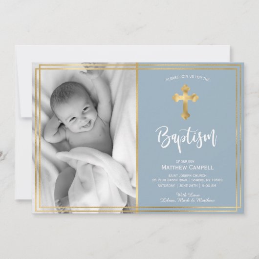 Modern Script Gold Cross Blue Baptism uitnodiging (Voorkant)