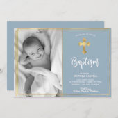 Modern Script Gold Cross Blue Baptism uitnodiging (Voorkant / Achterkant)
