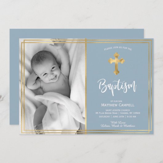 Modern Script Gold Cross Blue Baptism uitnodiging (Voorkant / Achterkant)