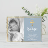 Modern Script Gold Cross Blue Baptism uitnodiging (Staand voorkant)