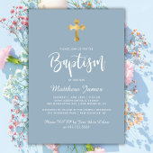 Modern Script Gold Cross Dusty Blue Boy Doop Kaart