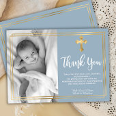 Modern Script Gold Cross Dusty Blue Daptism Bedankkaart