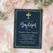 Modern Script Gold Cross Navy Blue Boy Doop Kaart