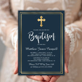Modern Script Gold Cross Navy Blue Boy Doop Kaart