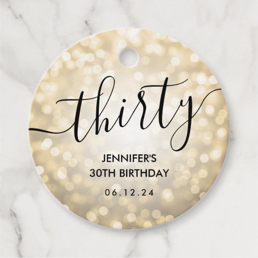 Modern Script Gold Glitter Lights 30e verjaardag Bedankjes Labels (Voorkant)