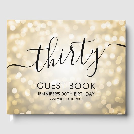 Modern Script Gold Glitter Lights 30e verjaardag Gastenboek (Voorkant)