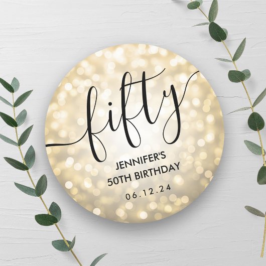 Modern Script Gold Glitter Lights 50ste verjaardag Ronde Sticker