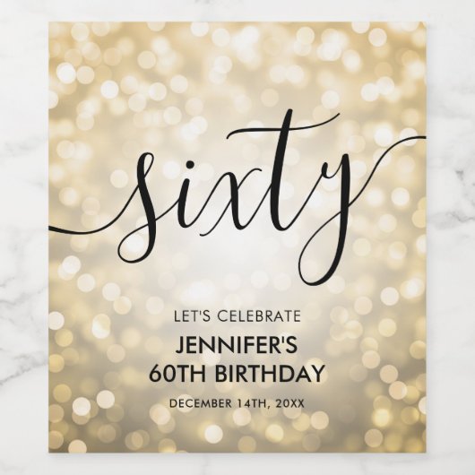 Modern Script Gold Glitter Lights 60ste verjaardag Wijn Etiket (Enkel label)