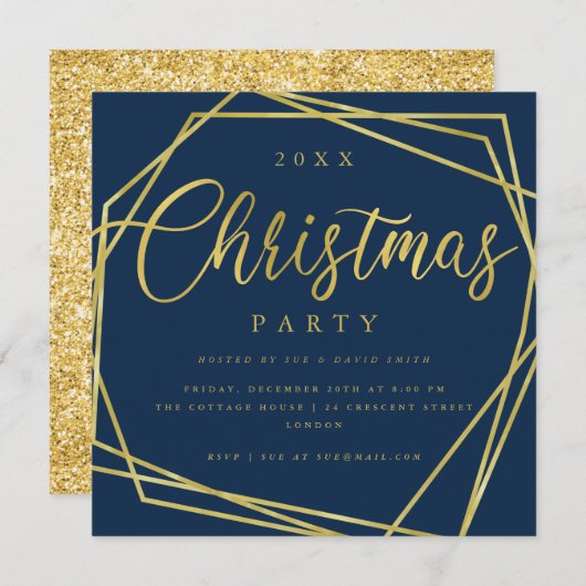 MODERN Script Gold Navy Folie Lijst Kerstfeest Kaart (Voorkant / Achterkant)