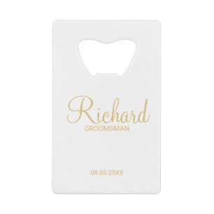 Modern Script Gold Personalized Groomsman Kredietkaart Flessenopener