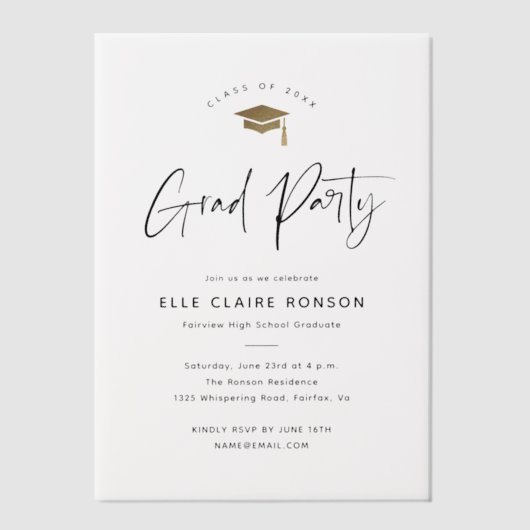 Modern Script Gold Pet Graduation Party Vellum Uitnodigingen (Voorkant)