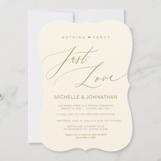 Modern script, goud, huwelijksvlucht receptie kaart (Voorkant)