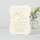 Modern script, goud, huwelijksvlucht receptie kaart (Staand voorkant)