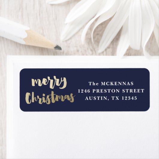 Modern Script Goud Zalig Kerst Terug Adres Etiket (Insitu)
