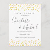 Modern Script Gouden Hartjes Confetti Save the Dat Aankondigingskaart (Voorkant)
