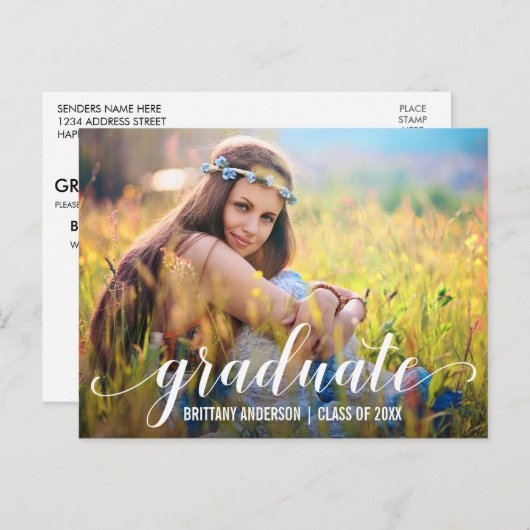 Modern Script Graduation Party Fotouitnodiging W Uitnodiging Briefkaart (Voorkant / Achterkant)