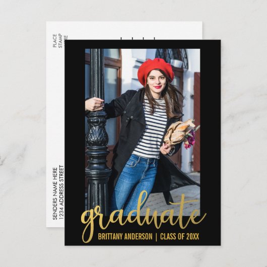 Modern Script Graduation Party Invitation Gold Uitnodiging Briefkaart (Voorkant / Achterkant)