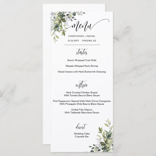 Modern Script Greenery Garden Wedding Event Menu (Voorkant / Achterkant)