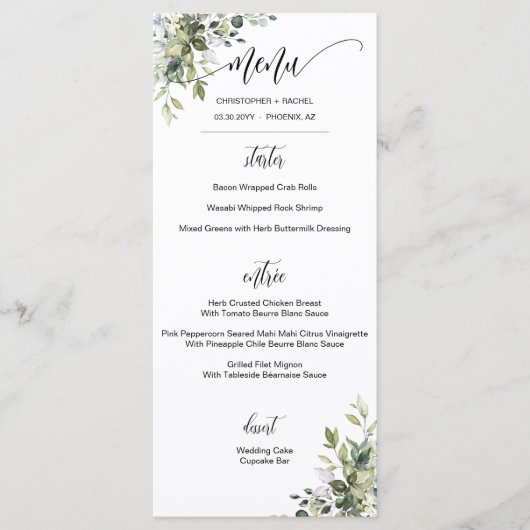Modern Script Greenery Garden Wedding Event Menu (Voorkant)