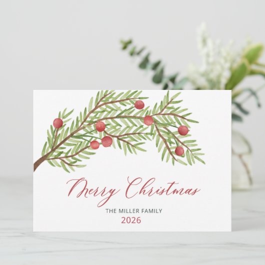 Modern Script Greenery Rode bessen Kerstmis Feestdagenkaart (Staand voorkant)