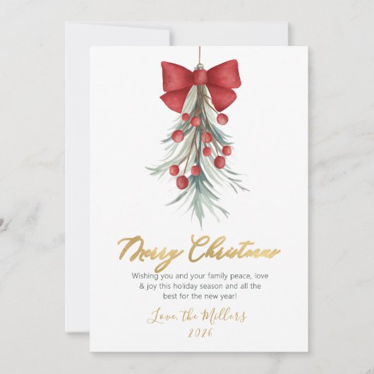 Modern Script Greenery Rode bessen Kerstmis Feestdagenkaart (Voorkant)