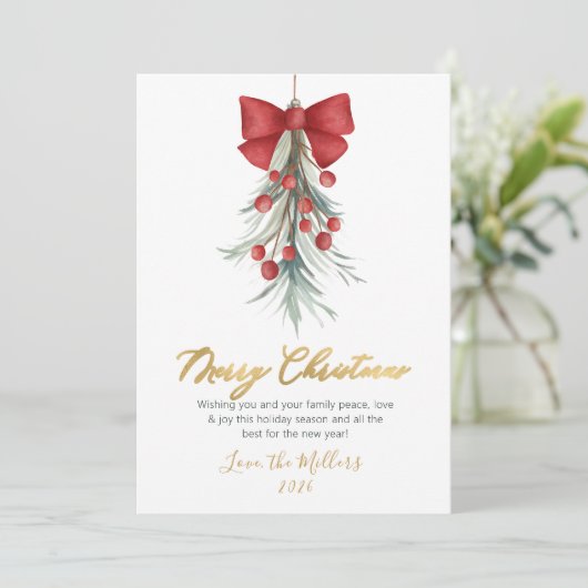 Modern Script Greenery Rode bessen Kerstmis Feestdagenkaart (Staand voorkant)