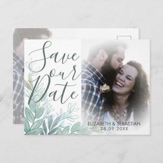 Modern Script Greenery Wedding Save the Date Aankondigingskaart (Voorkant / Achterkant)