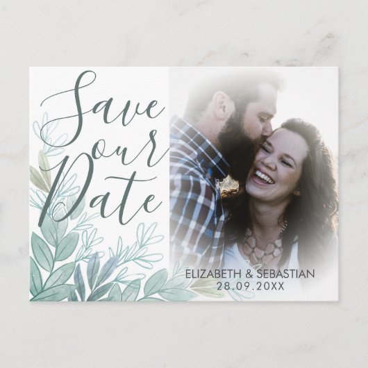 Modern Script Greenery Wedding Save the Date Aankondigingskaart (Voorkant)